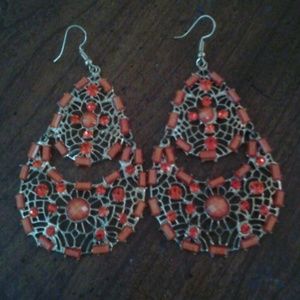 Vintage goldtone and orange stone and rhinestones large teardrop shape